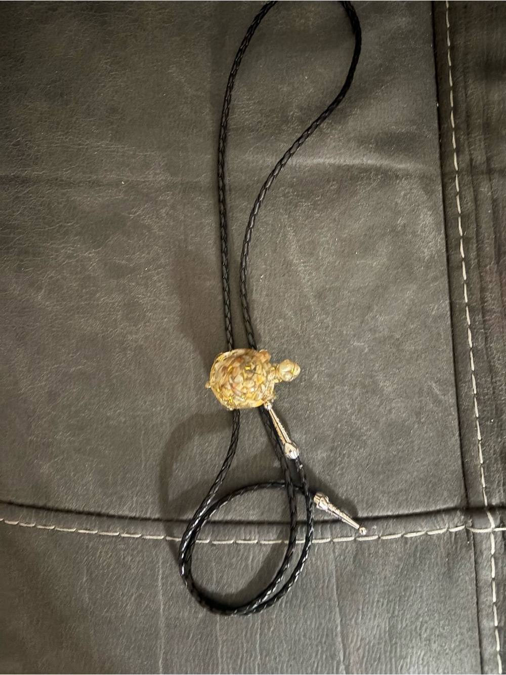 Black Leather Bolo Tie with Gold Turtle Slide